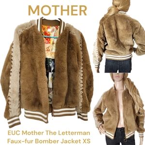 Mother The Letterman Faux fur Bomber Jacket tan cream silver studs women's xs